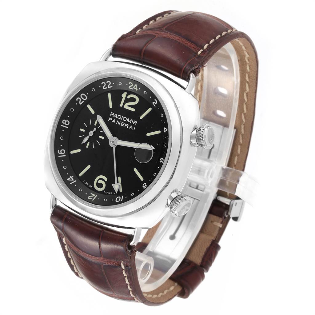 The image shows a Panerai Radiomir PAM00184 Men's Stainless Steel Black Dial PAM00184 Men's Stainless Steel Black Dial watch at a front-side angle, displaying the dial, crown, and brown leather strap.