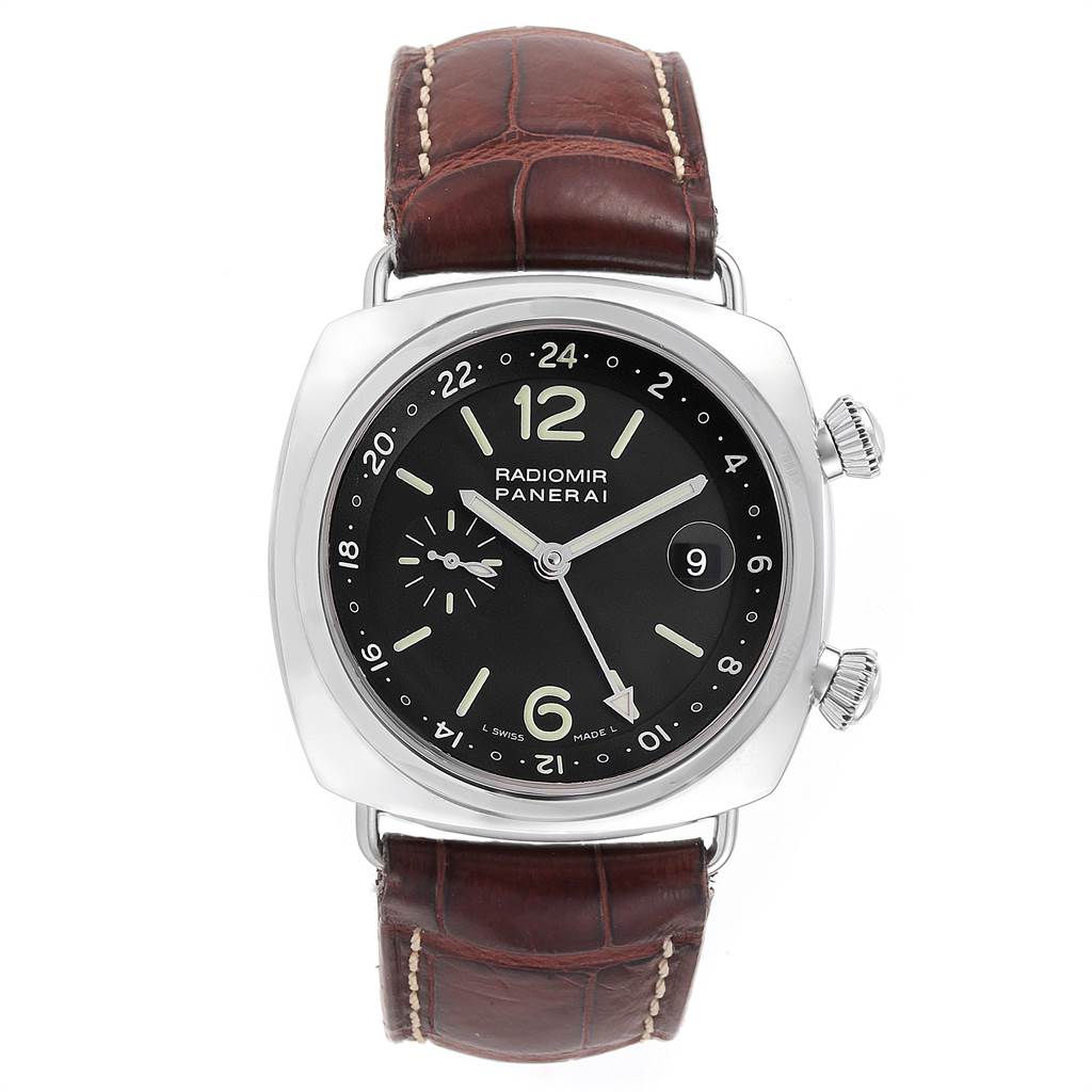 The image shows a Panerai Radiomir PAM00184 Men's Stainless Steel Black Dial PAM00184 Men's Stainless Steel Black Dial watch from a top-down angle, highlighting its dial, case, crown, and leather strap.