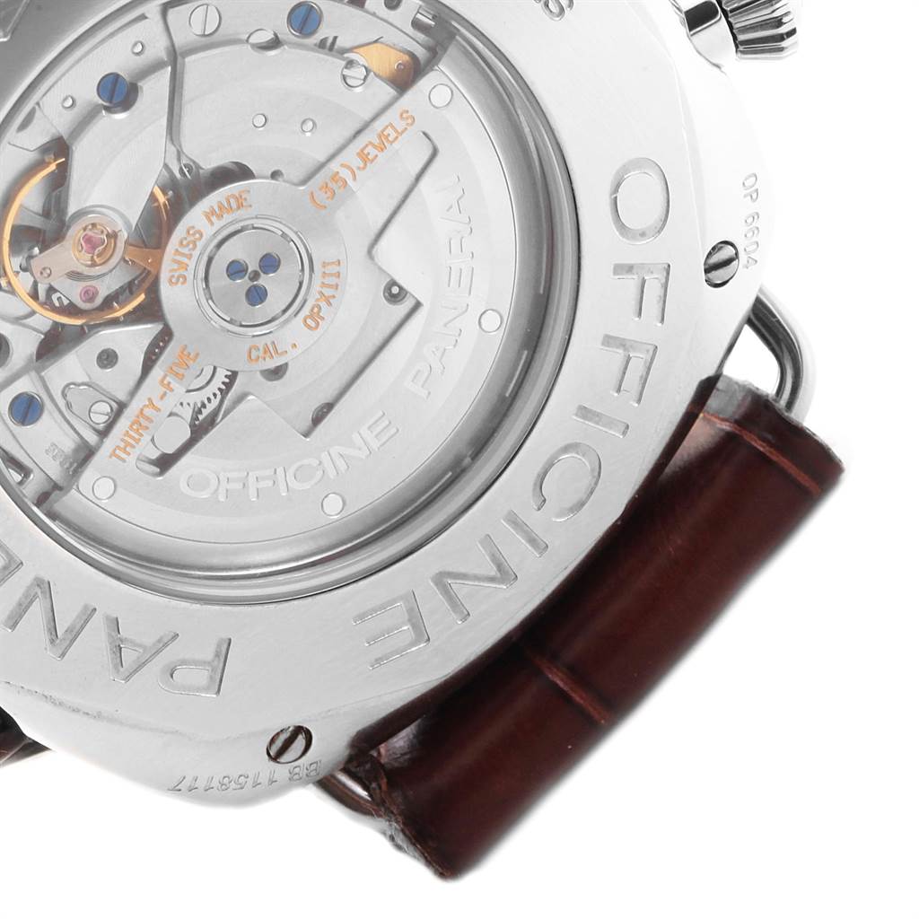 The image shows the back view of a Panerai Radiomir PAM00184 Men's Stainless Steel Black Dial PAM00184 Men's Stainless Steel Black Dial watch, highlighting its intricate movement and brown leather strap.