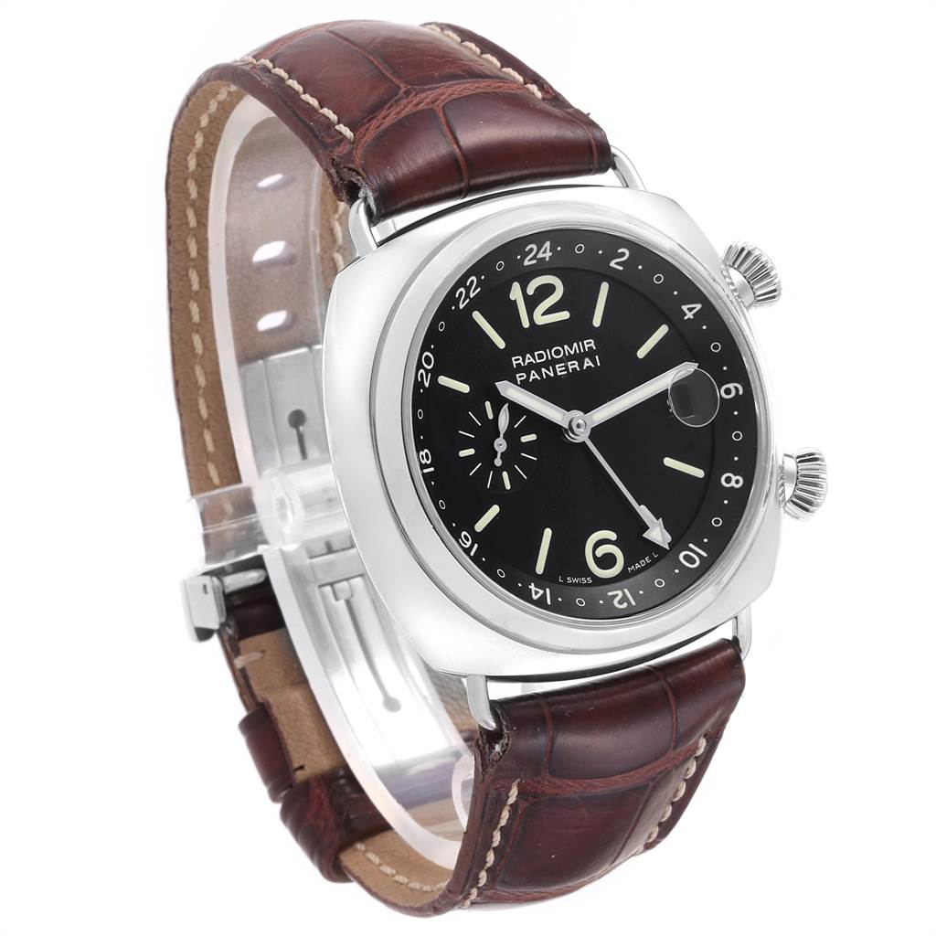 The Radiomir Panerai watch is shown from a front angle, displaying its black dial, brown leather strap, and case with two crowns.