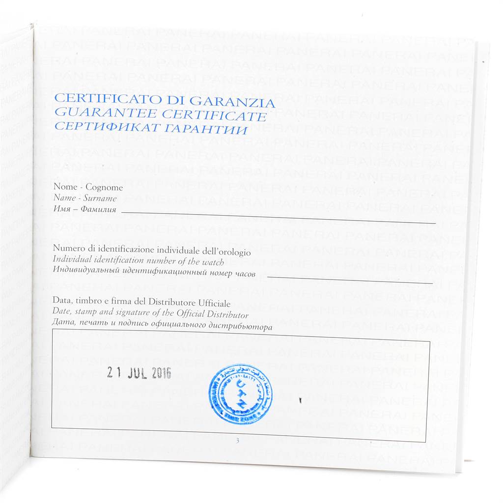 The image shows the guarantee certificate for the Panerai Luminor PAM00312 Men's Stainless Steel Black Dial PAM00312 Men's Stainless Steel Black Dial model, dated and stamped.