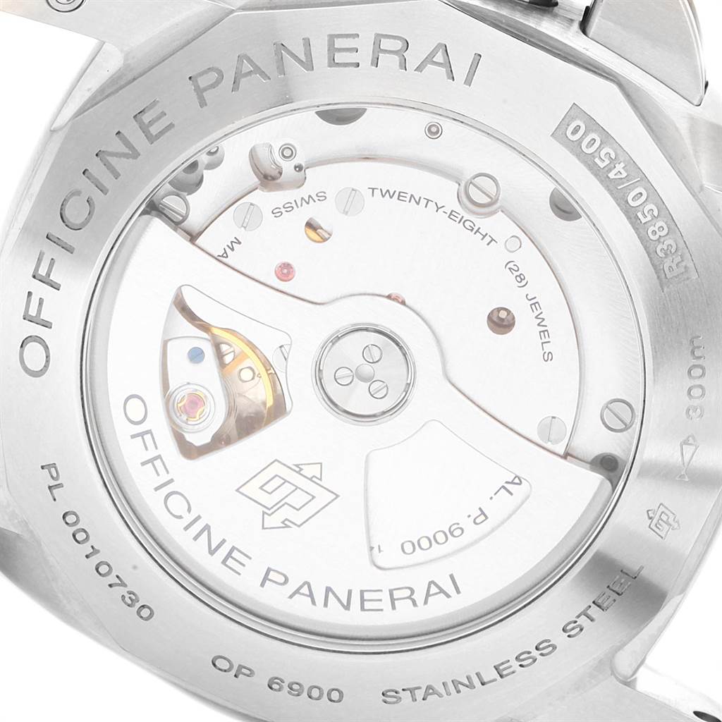 The image shows the case back of a Panerai Luminor PAM00312 Men's Stainless Steel Black Dial PAM00312 Men's Stainless Steel Black Dial watch, highlighting its internal movement and engraving details.