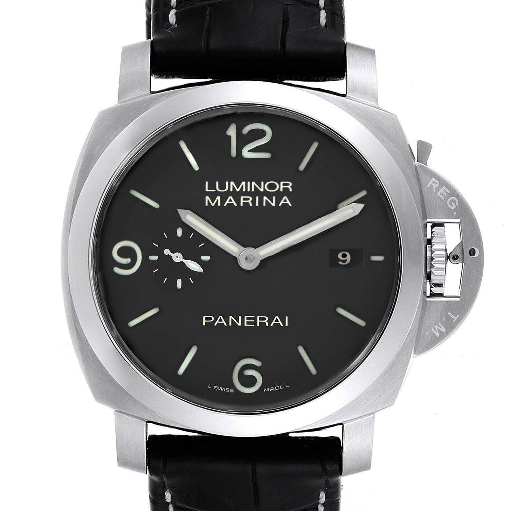 The image shows a front view of the Panerai Luminor PAM00312 Men's Stainless Steel Black Dial PAM00312 Men's Stainless Steel Black Dial Marina watch, illustrating the face, hands, and date window.