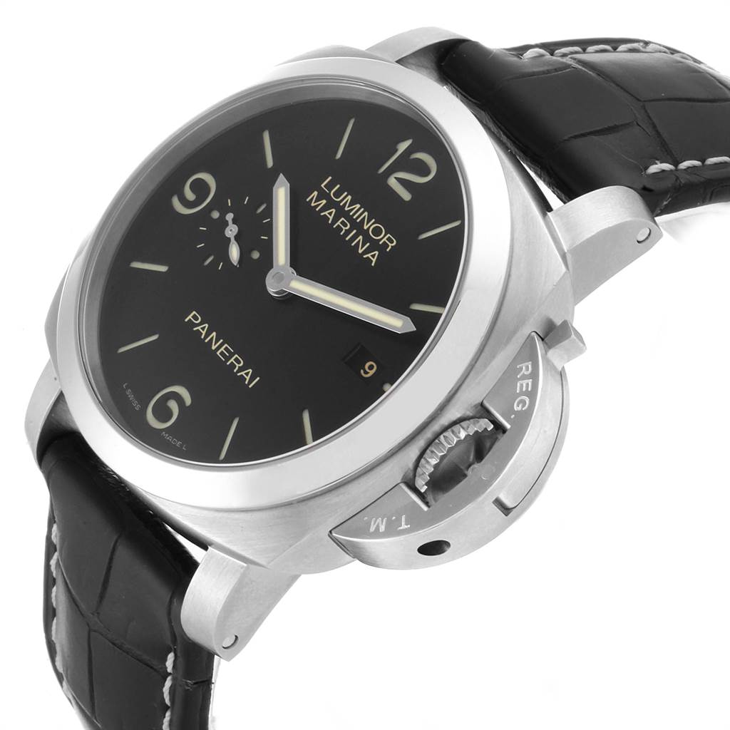 The image shows a Panerai Luminor PAM00312 Men's Stainless Steel Black Dial PAM00312 Men's Stainless Steel Black Dial watch at an angled view, highlighting the face, dial, and crown guard.