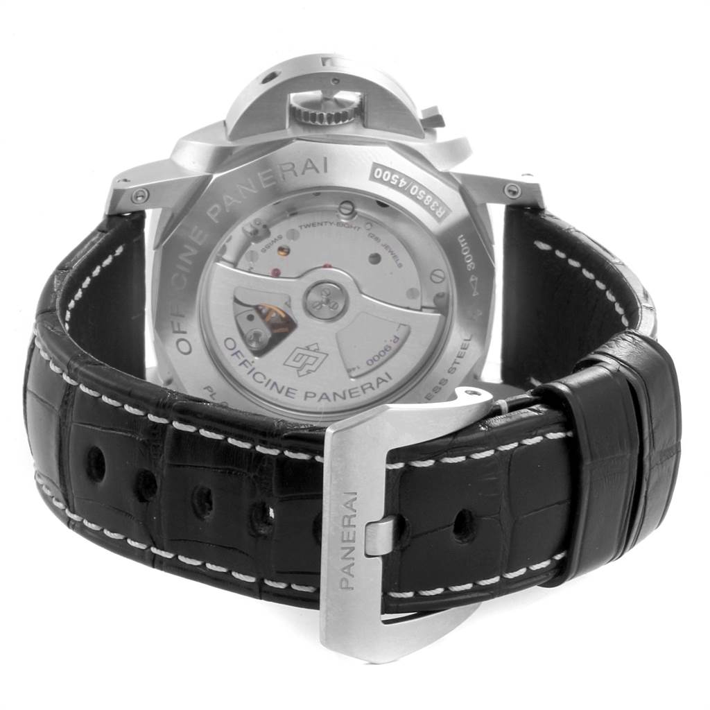 The image shows the back view of a Panerai Luminor PAM00312 Men's Stainless Steel Black Dial PAM00312 Men's Stainless Steel Black Dial watch, highlighting its case back and black leather strap with white stitching.