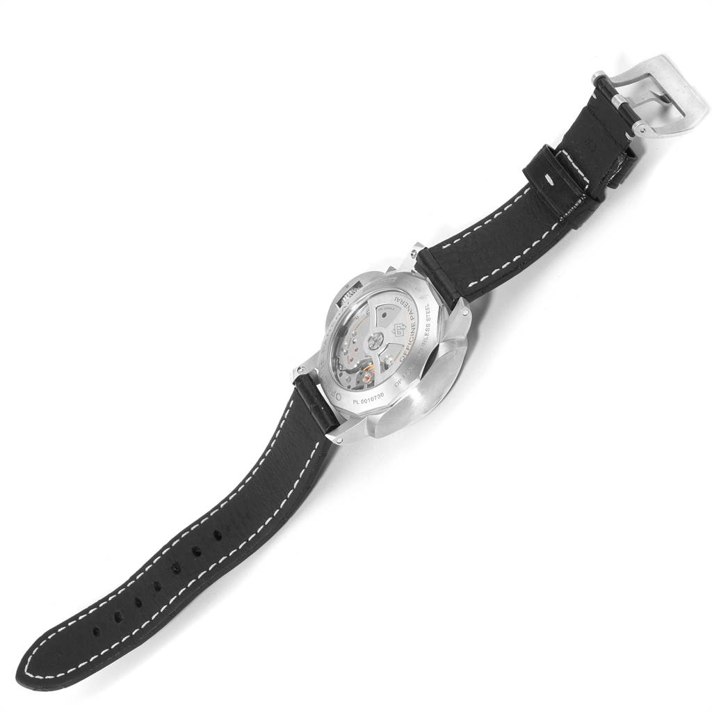 The image shows the back view of the Panerai Luminor PAM00312 Men's Stainless Steel Black Dial PAM00312 Men's Stainless Steel Black Dial model watch, revealing its mechanical movement and black strap.