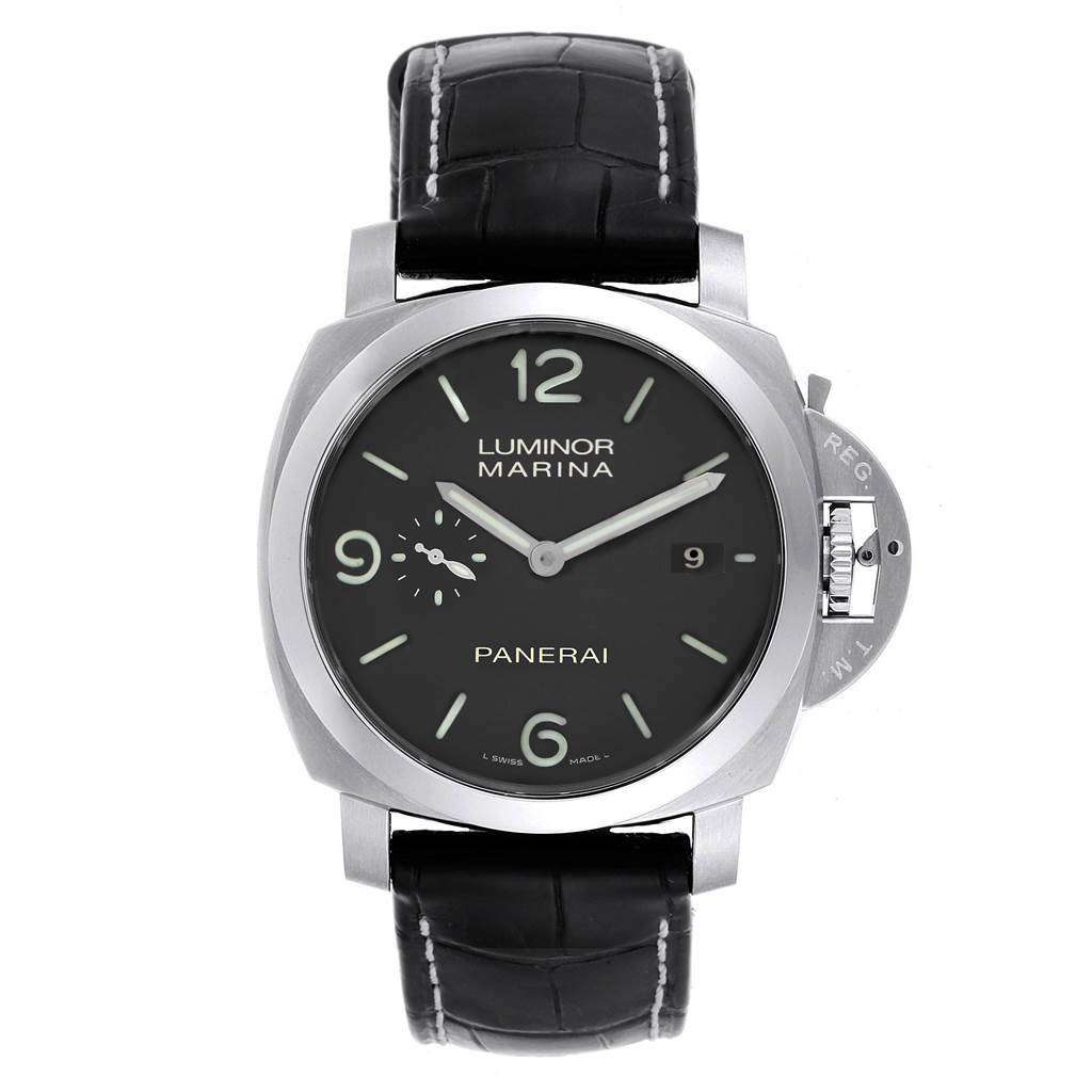 The Panerai Luminor PAM00312 Men's Stainless Steel Black Dial PAM00312 Men's Stainless Steel Black Dial watch is shown from a top-down angle, displaying the face, crown guard, and strap.