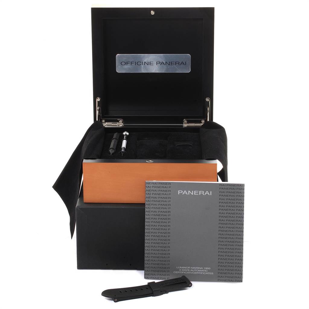 This image shows the storage box, manual, and an extra strap for a Panerai Luminor PAM00312 Men's Stainless Steel Black Dial PAM00312 Men's Stainless Steel Black Dial watch.