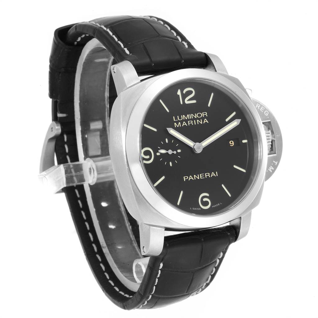 This image shows a Panerai Luminor PAM00312 Men's Stainless Steel Black Dial PAM00312 Men's Stainless Steel Black Dial watch from a front-left angle, displaying its dial, hands, case, and leather strap.