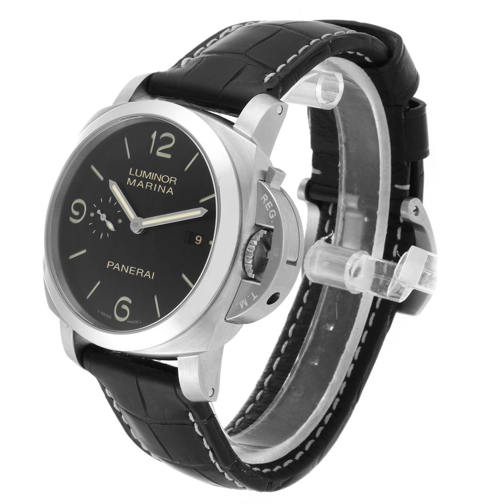 The Panerai Luminor PAM00312 Men's Stainless Steel Black Dial PAM00312 Men's Stainless Steel Black Dial watch is shown at a three-quarter angle, highlighting the case, dial, crown guard, and leather strap.