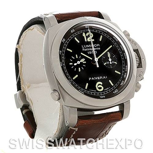 The image shows a Panerai Luminor PAM213 OR PAM00213 Men
s Stainless Steel Black Dial PAM213 OR PAM00213 Men
s Stainless Steel Black Dial watch at a three-quarter angle, highlighting its face, bezel, crown guard, and leather strap.