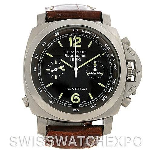 The image shows a front view of the Panerai Luminor PAM213 OR PAM00213 Men
s Stainless Steel Black Dial PAM213 OR PAM00213 Men
s Stainless Steel Black Dial watch, highlighting its black dial, two sub-dials, and a brown leather strap.