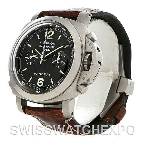 The image displays a Panerai Luminor PAM213 OR PAM00213 Men
s Stainless Steel Black Dial PAM213 OR PAM00213 Men
s Stainless Steel Black Dial watch from an angled side view, showing the dial, crown guard, case, and leather strap.