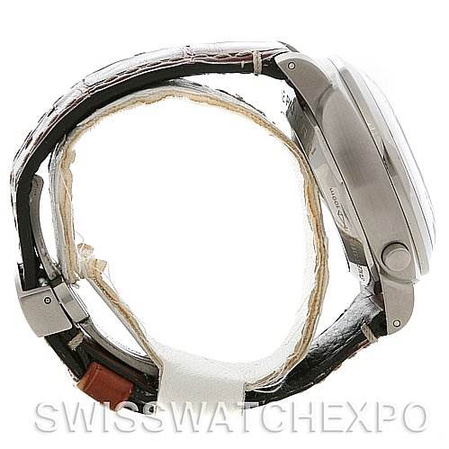 The image shows a side view of a Panerai Luminor PAM213 OR PAM00213 Men
s Stainless Steel Black Dial PAM213 OR PAM00213 Men
s Stainless Steel Black Dial watch, highlighting its case, crown, and leather strap.