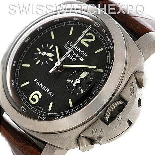 The image shows a close-up angled view of the Panerai Luminor PAM213 OR PAM00213 Men
s Stainless Steel Black Dial PAM213 OR PAM00213 Men
s Stainless Steel Black Dial watch, highlighting the dial, crown guard, and leather strap.