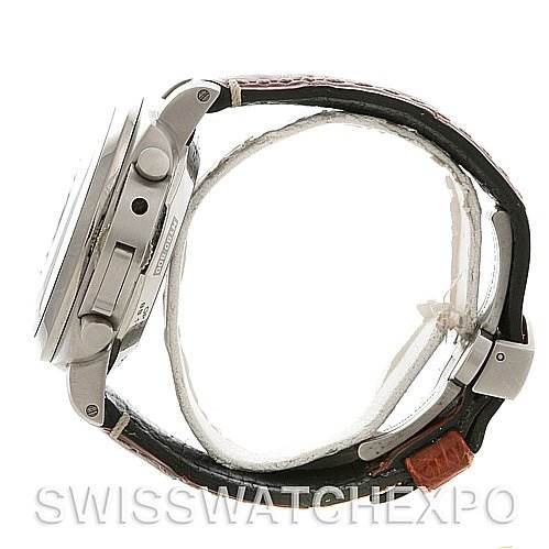 The image shows a side view of the Panerai Luminor PAM213 OR PAM00213 Men
s Stainless Steel Black Dial PAM213 OR PAM00213 Men
s Stainless Steel Black Dial watch, highlighting the case, crown protector, and leather strap.
