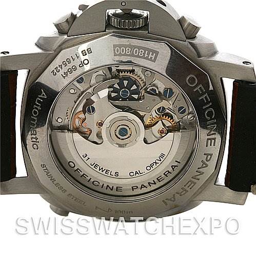 This image shows the back view of a Panerai Luminor PAM213 OR PAM00213 Men
s Stainless Steel Black Dial PAM213 OR PAM00213 Men
s Stainless Steel Black Dial watch, revealing its automatic movement and internal mechanisms.