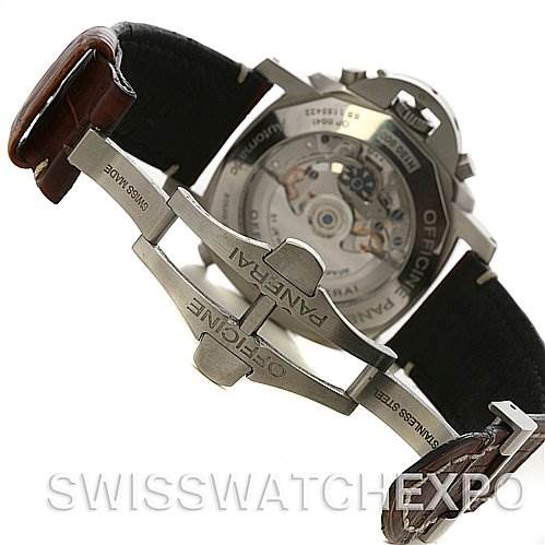 The image shows the back view of a Panerai Luminor PAM213 OR PAM00213 Men
s Stainless Steel Black Dial PAM213 OR PAM00213 Men
s Stainless Steel Black Dial watch, highlighting the open case back and the clasp mechanism.