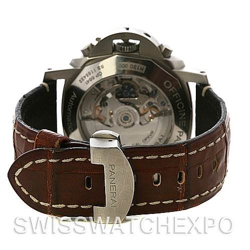 The image shows the back view of a Panerai Luminor PAM213 OR PAM00213 Men
s Stainless Steel Black Dial PAM213 OR PAM00213 Men
s Stainless Steel Black Dial watch, highlighting its transparent case back and leather strap.