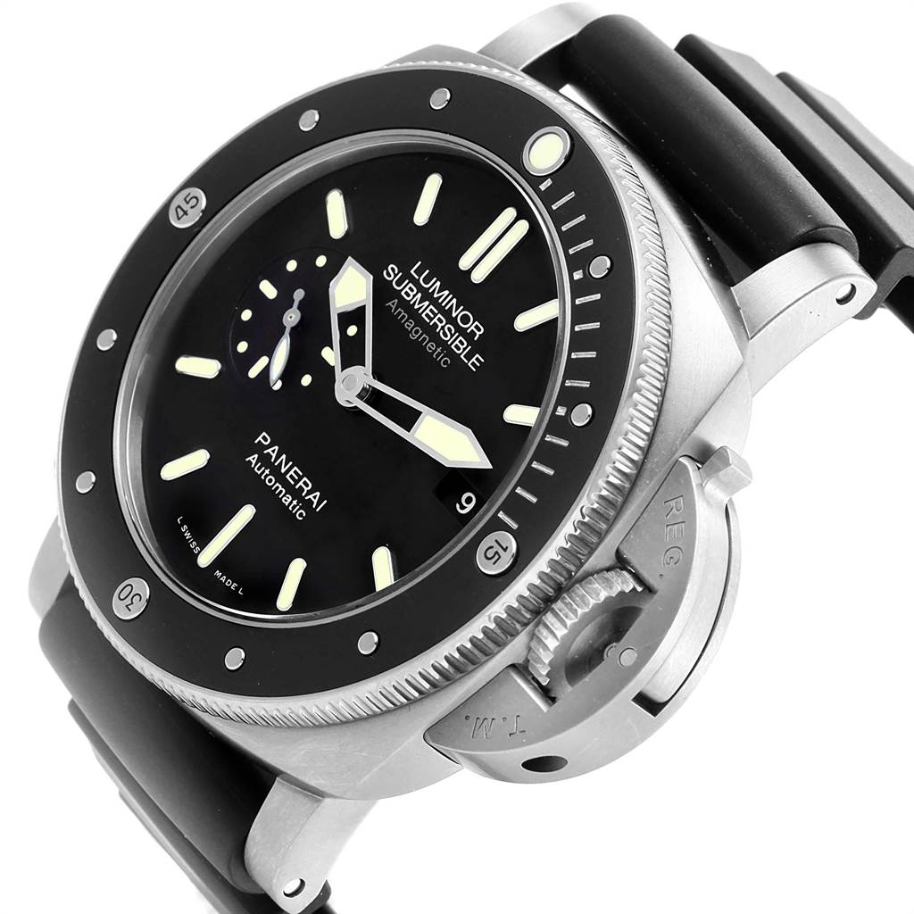 This image shows a Panerai Submersible PAM00389 Men's Titanium Black Dial PAM00389 Men's Titanium Black Dial watch at an oblique angle, highlighting the dial, bezel, and crown guard.