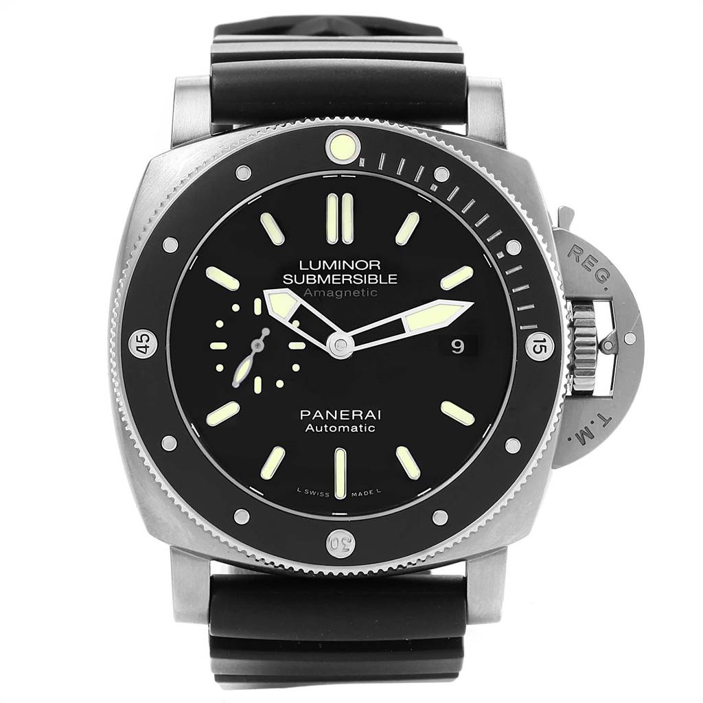 The image shows a front view of the Panerai Submersible PAM00389 Men's Titanium Black Dial PAM00389 Men's Titanium Black Dial watch, displaying its face, bezel, and strap.