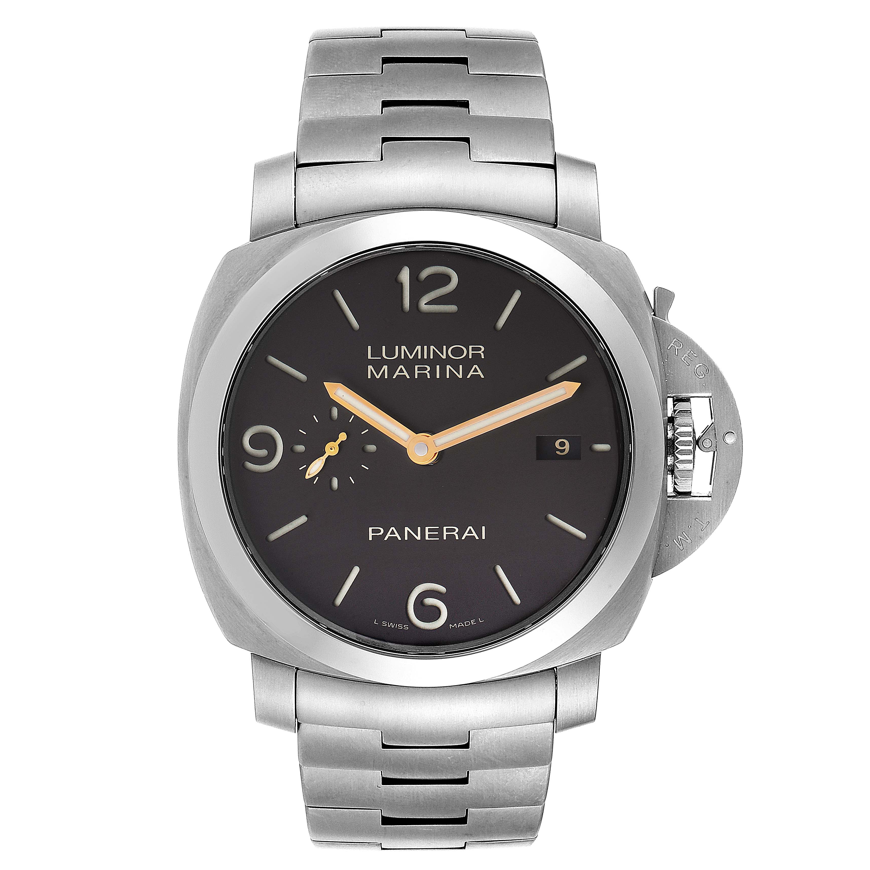The image shows a front view of the Luminor model watch by Panerai, displaying the face, bezel, and part of the bracelet and crown.