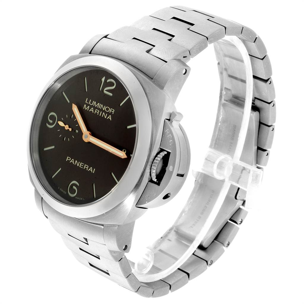 The image shows a Panerai Luminor PAM00352 Men's Titanium Brown Dial PAM00352 Men's Titanium Brown Dial Marina watch from an angled view, highlighting the dial, bracelet, and crown guard.
