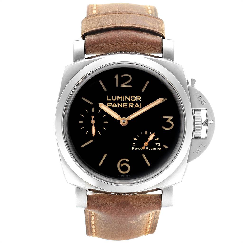 The image shows a front view of a Panerai Luminor PAM00423 Men's Stainless Steel Black Dial PAM00423 Men's Stainless Steel Black Dial watch displaying the face, hands, crown, and strap.