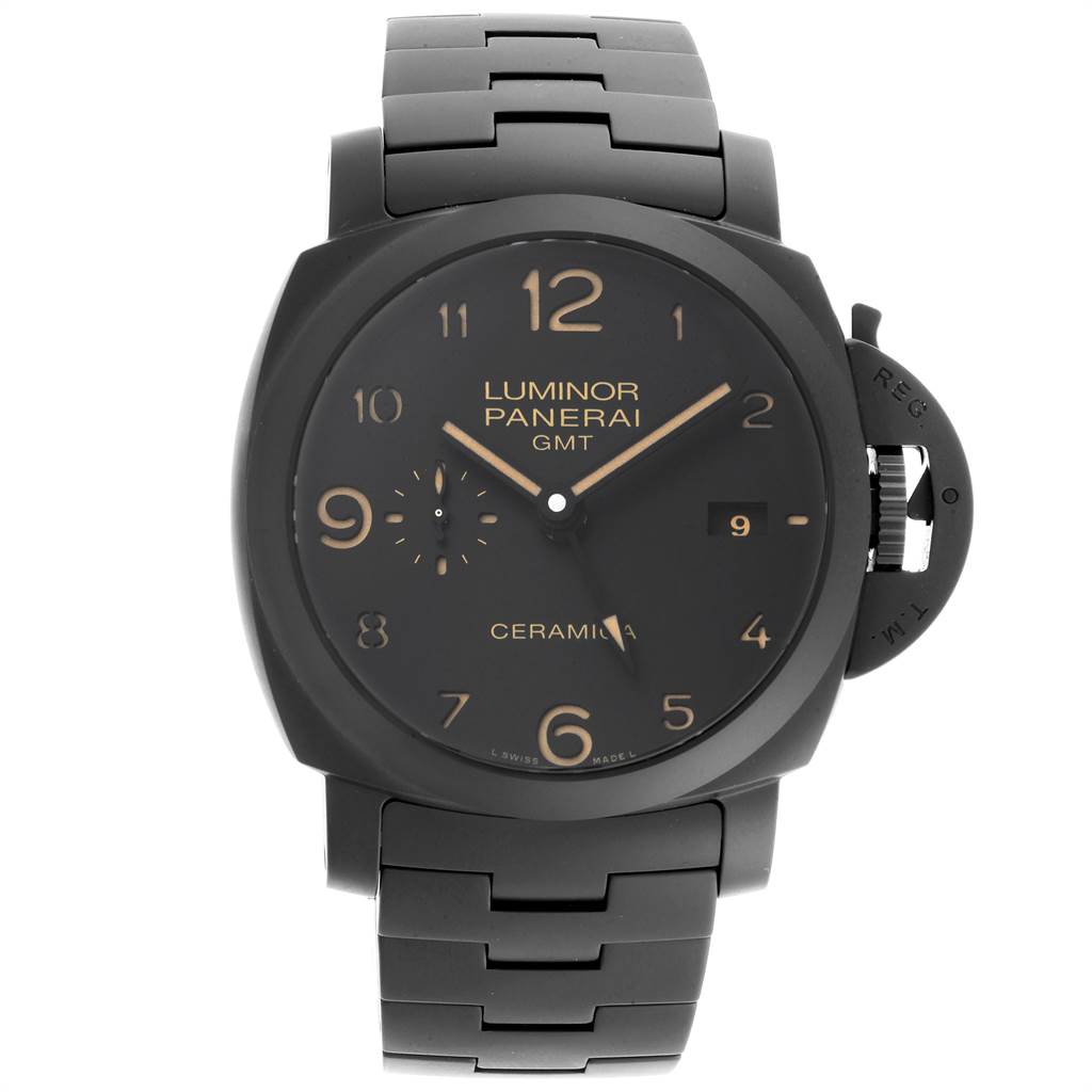 Front view of the Panerai Luminor PAM00438 Men's Stainless Steel Black Dial PAM00438 Men's Stainless Steel Black Dial watch, showcasing its dial, bracelet, crown guard, and hands.