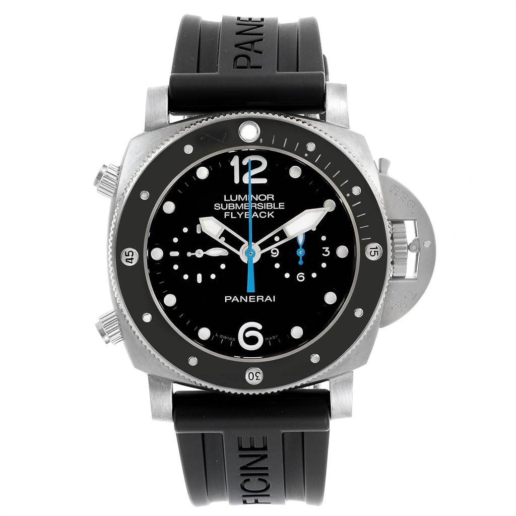 The image shows a front view of the Panerai Luminor Submersible Flyback watch, highlighting its dial, bezel, and strap.
