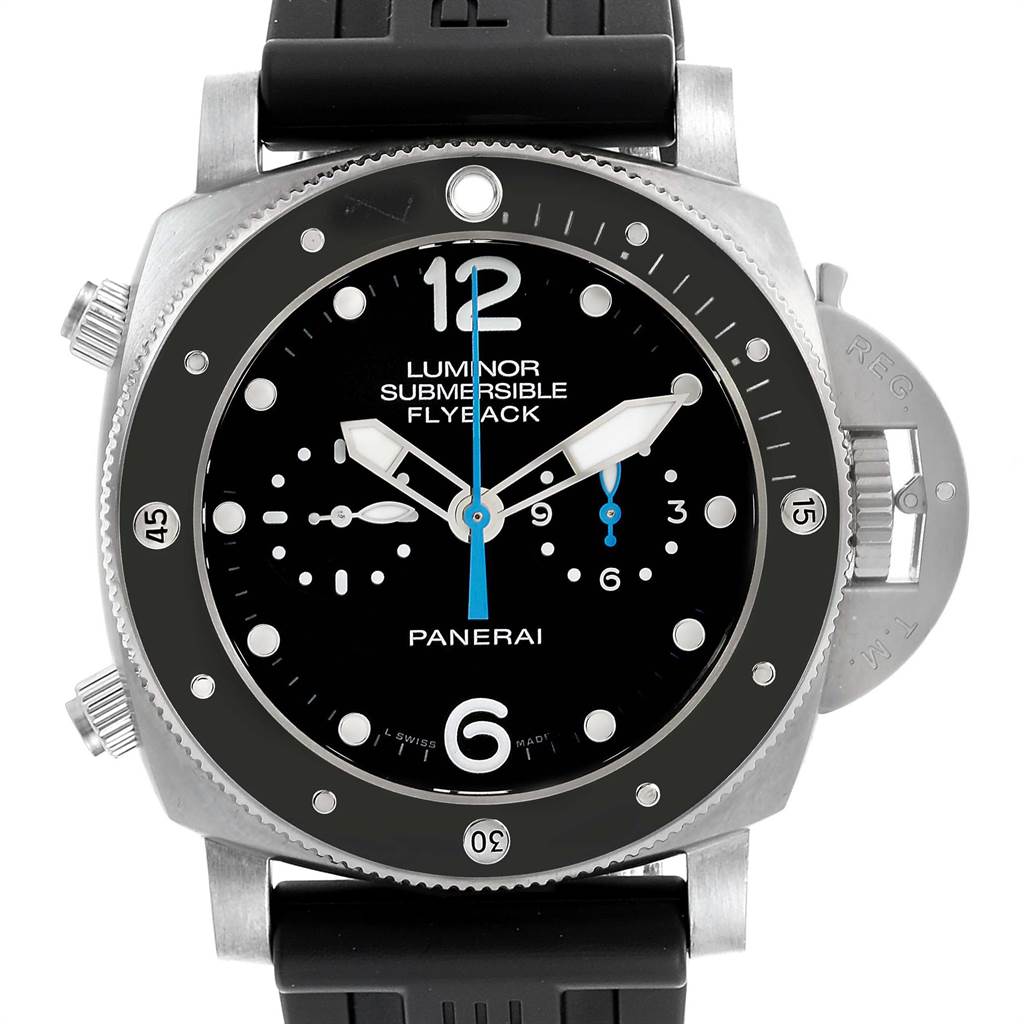 The image shows a front view of the Panerai Submersible PAM00615 Men's Titanium Black Dial PAM00615 Men's Titanium Black Dial Luminor Flyback watch, highlighting its dial, bezel, and crown guard.