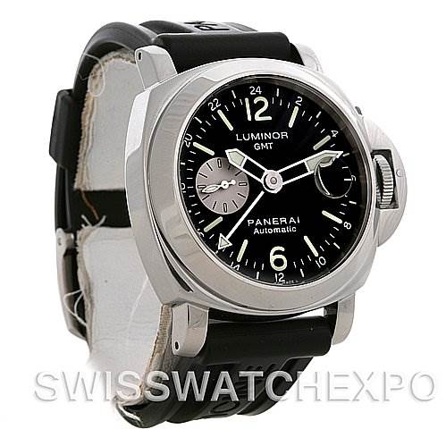 The image shows a Panerai Luminor PAM88 OR PAM 88 OR PAM 00088 Men's Stainless Steel Black Dial PAM88 OR PAM 88 OR PAM 00088 Men's Stainless Steel Black Dial GMT watch at a front angle, highlighting its black dial, rubber strap, and crown guard.