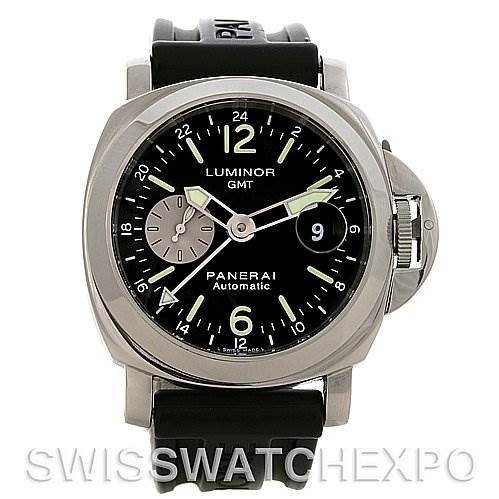 The image shows a front view of the Panerai Luminor PAM88 OR PAM 88 OR PAM 00088 Men's Stainless Steel Black Dial PAM88 OR PAM 88 OR PAM 00088 Men's Stainless Steel Black Dial GMT watch, highlighting its face, bezel, and part of the strap.