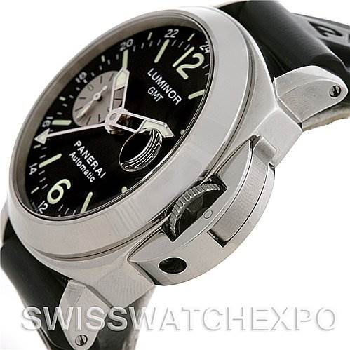 The image shows a side angle of the Panerai Luminor PAM88 OR PAM 88 OR PAM 00088 Men's Stainless Steel Black Dial PAM88 OR PAM 88 OR PAM 00088 Men's Stainless Steel Black Dial watch, highlighting its crown guard and black strap.