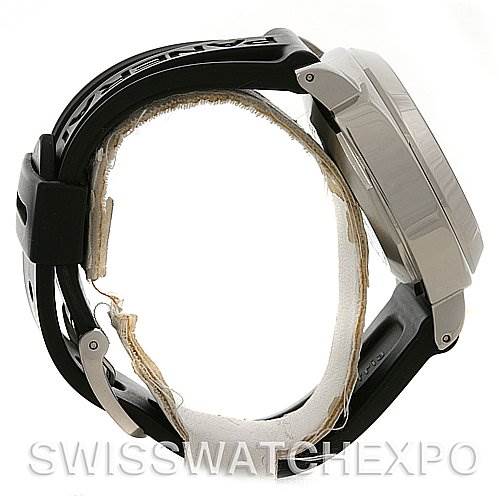 Side view of the Panerai Luminor PAM88 OR PAM 88 OR PAM 00088 Men's Stainless Steel Black Dial PAM88 OR PAM 88 OR PAM 00088 Men's Stainless Steel Black Dial watch, focusing on the case, bezel, and black strap.