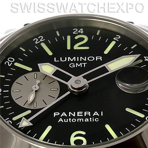 This image shows a close-up of the dial of a Panerai Luminor PAM88 OR PAM 88 OR PAM 00088 Men's Stainless Steel Black Dial PAM88 OR PAM 88 OR PAM 00088 Men's Stainless Steel Black Dial GMT watch, highlighting the hands, hour markers, and a small seconds sub-dial.