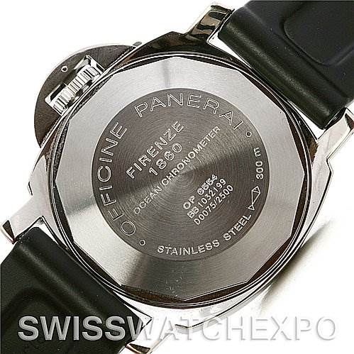 The image shows the back of a Panerai Luminor PAM88 OR PAM 88 OR PAM 00088 Men's Stainless Steel Black Dial PAM88 OR PAM 88 OR PAM 00088 Men's Stainless Steel Black Dial watch, highlighting its stainless steel case and engravings.