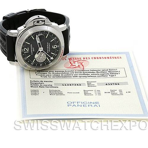 The image shows a Panerai Luminor PAM88 OR PAM 88 OR PAM 00088 Men's Stainless Steel Black Dial PAM88 OR PAM 88 OR PAM 00088 Men's Stainless Steel Black Dial watch placed at an angle above its certificate.