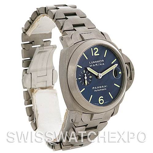 This image displays a Panerai Luminor PAM283 OR PAM 283 OR PAM 00283 Men's Titanium Blue Dial PAM283 OR PAM 283 OR PAM 00283 Men's Titanium Blue Dial Marina watch at a three-quarter angle, showcasing its face, bracelet, and clasp.