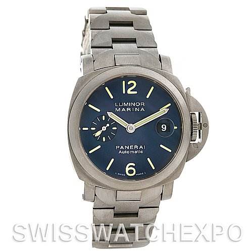 This image shows a front view of the Panerai Luminor PAM283 OR PAM 283 OR PAM 00283 Men's Titanium Blue Dial PAM283 OR PAM 283 OR PAM 00283 Men's Titanium Blue Dial Marina watch, highlighting the dial, case, and stainless steel bracelet.