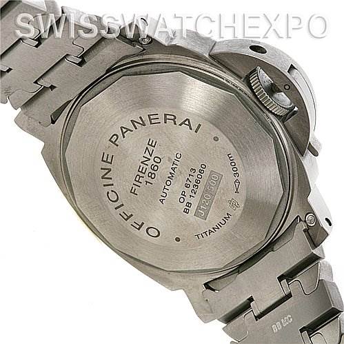 The image shows the back view of a Panerai Luminor PAM283 OR PAM 283 OR PAM 00283 Men's Titanium Blue Dial PAM283 OR PAM 283 OR PAM 00283 Men's Titanium Blue Dial watch, highlighting the titanium case back and bracelet.