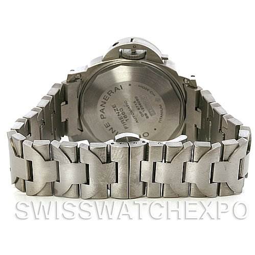 This image shows the back view of the Panerai Luminor PAM283 OR PAM 283 OR PAM 00283 Men's Titanium Blue Dial PAM283 OR PAM 283 OR PAM 00283 Men's Titanium Blue Dial watch and its metal bracelet.