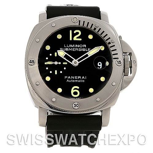 This image shows a front view of the Panerai Luminor Submersible watch, highlighting its face with luminescent markers and rubber strap.