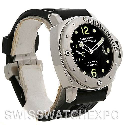The image shows a Panerai Luminor Submersible watch at a slight angle, highlighting its dial, bezel, and strap.