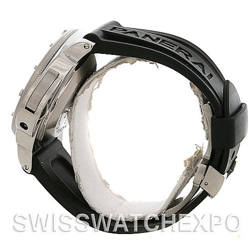 The Panerai Submersible PAM24 OR PAM 24 OR PAM 00024 Men's Stainless Steel Black Dial PAM24 OR PAM 24 OR PAM 00024 Men's Stainless Steel Black Dial watch is shown from a side angle, highlighting the rubber strap and metal case.