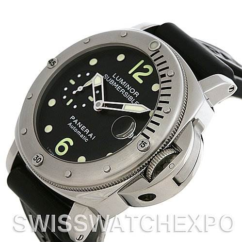 The Panerai Submersible PAM24 OR PAM 24 OR PAM 00024 Men's Stainless Steel Black Dial PAM24 OR PAM 24 OR PAM 00024 Men's Stainless Steel Black Dial watch is shown at a slight angle, detailing its black dial, bezel, crown guard, and leather strap.
