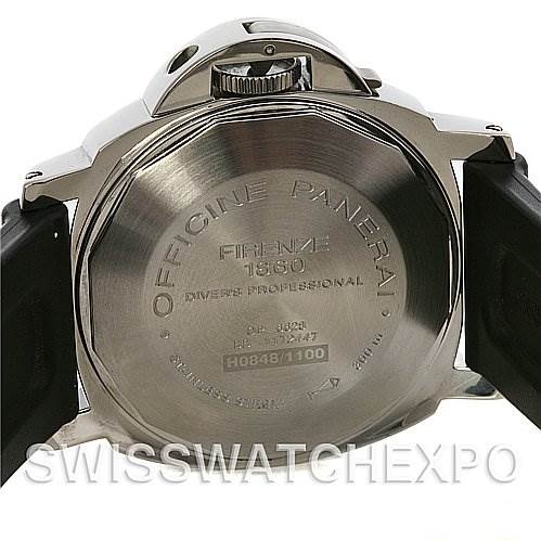 The image shows the back case of a Panerai Submersible PAM24 OR PAM 24 OR PAM 00024 Men's Stainless Steel Black Dial PAM24 OR PAM 24 OR PAM 00024 Men's Stainless Steel Black Dial model watch with engraved details and part of the strap.