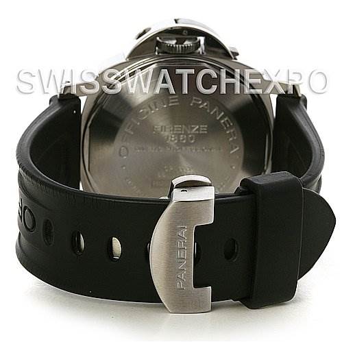 The image shows the back of a Panerai Submersible PAM24 OR PAM 24 OR PAM 00024 Men's Stainless Steel Black Dial PAM24 OR PAM 24 OR PAM 00024 Men's Stainless Steel Black Dial watch, highlighting the case back and rubber strap with the branded buckle.