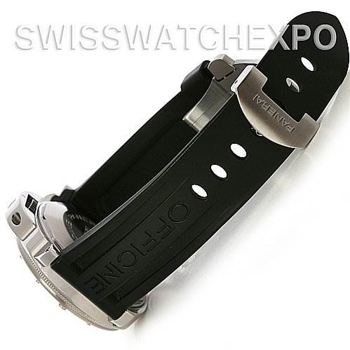 The image shows the underside of a Panerai Submersible PAM24 OR PAM 24 OR PAM 00024 Men's Stainless Steel Black Dial PAM24 OR PAM 24 OR PAM 00024 Men's Stainless Steel Black Dial watch with the strap and deployment clasp visible.