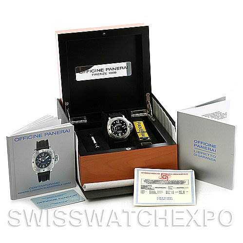 The image shows a Panerai Submersible PAM24 OR PAM 24 OR PAM 00024 Men's Stainless Steel Black Dial PAM24 OR PAM 24 OR PAM 00024 Men's Stainless Steel Black Dial watch and accessories, including manuals, warranty cards, and an opened wooden box.